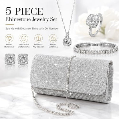 5 Pcs Rhinestone Jewelry Set for Women, Bling Crystal Clutch Purse Necklace Bracelet Earrings & Ring, Elegant Bridal Wedding Accessory Set for Bridesmaids Prom Evening Party