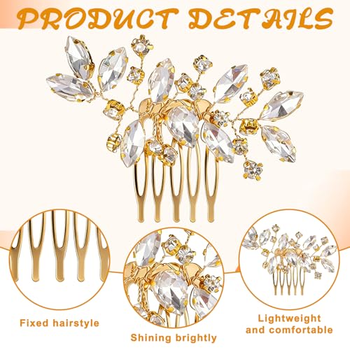 2 Pcs Bridal Hair Comb Gold Hair Piece Accessory Gold Rhinestone Hairs Accessories Golden Hairs Piece Sparkle Metal Crystal Accessories for Bride Bridesmaids Women Girls