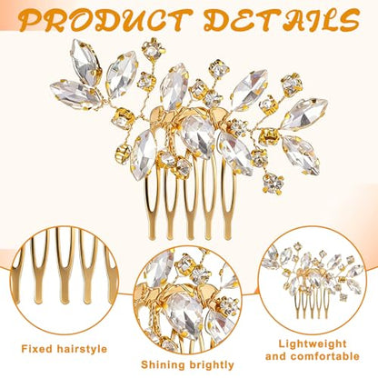 2 Pcs Bridal Hair Comb Gold Hair Piece Accessory Gold Rhinestone Hairs Accessories Golden Hairs Piece Sparkle Metal Crystal Accessories for Bride Bridesmaids Women Girls