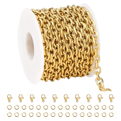 UMAOKANG Gold Cable Chain for Jewelry Making Stainless Steel Bulk Chains | 5 Meters Permanent Jewelry Chains Diamond Cut PVD Gold Plating Link Chain on Spool with Jump Rings Lobster Clasps - color: 1.6 Gold Cable