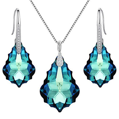 EleQueen 925 Sterling Silver CZ Baroque Drop Pendant Necklace Dangle Earrings Set Made with Austrian Crystal, Valentine's Day/Mother's Day/Christmas Jewelry Gift - color: Bermuda Blue