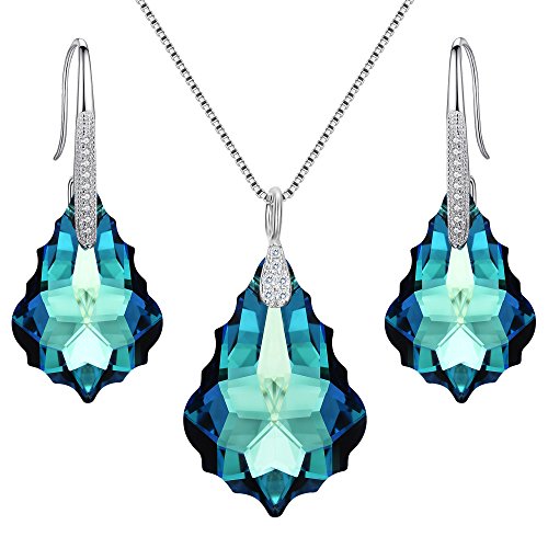 EleQueen 925 Sterling Silver CZ Baroque Drop Pendant Necklace Dangle Earrings Set Made with Austrian Crystal, Valentine's Day/Mother's Day/Christmas Jewelry Gift - color: Bermuda Blue