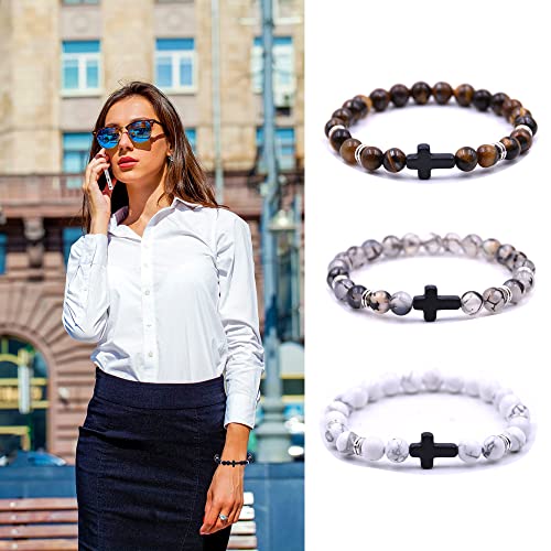 Beaded Bracelets Cross Bracelet for Women Men Lava Rock Turquoise Tiger Eye Natural Bracelet Anxiety Healing - color: 6 Pcs- black cross