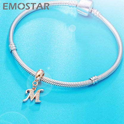 EMOSTAR Letter Charms Initial A-Z Alphabet Beads, Rose Gold 925 Sterling Silver Dangle CZ Birthstone Pendant, Gifts for European Charm Bracelet/Mothers Day/Birthday - color: Letter M