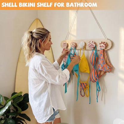 Novabright 16 Inch Bikini Hanger for Wall Seashell Bikini Rack Wall Mounted Swimsuit Organizer with Seashell Accents Coastal Swimwear Storage Rack for Beach Bathrooms Closets Vacation Homes - style: Minimalist Coastal