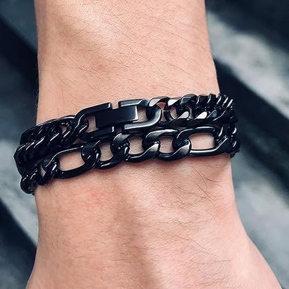 3PCS Figaro Necklace Bracelet Cuban Bracelet, Silver Gold Black Sturdy 316L Stainless Steel Cuban Link Figaro Chain for Men Jewelry Set with Gift Message Card 8mm, 7/8/9 Inches - color: Black, size: Bracelet width:8 inches