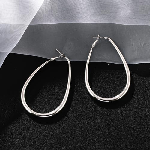 Chunky Large Oval Hoop Earrings for Women Sparkly Gold Teardrop Dangle Earrings Thick Bold Silver Hoop Drop Earrings Oval Stainless Steel Hoop Earrings Fashion Costume Jewelry Accessories - color: Silver