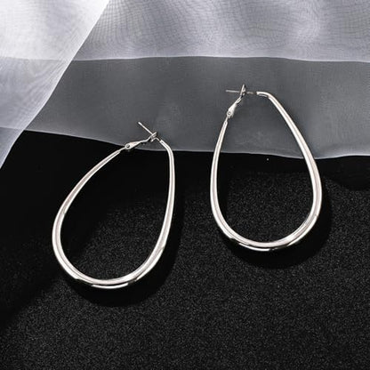 Chunky Large Oval Hoop Earrings for Women Sparkly Gold Teardrop Dangle Earrings Thick Bold Silver Hoop Drop Earrings Oval Stainless Steel Hoop Earrings Fashion Costume Jewelry Accessories - color: Silver