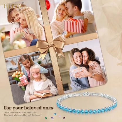 HEEYA Birthstone Silver/Gold Plated Tennis Bracelets, Adjustable 4mm CZ Tennis Bracelets for Women, Fashion Jewelry Wedding Gift Size 6.8 inch+1 inch Extender - color: 03 March Aquamarine