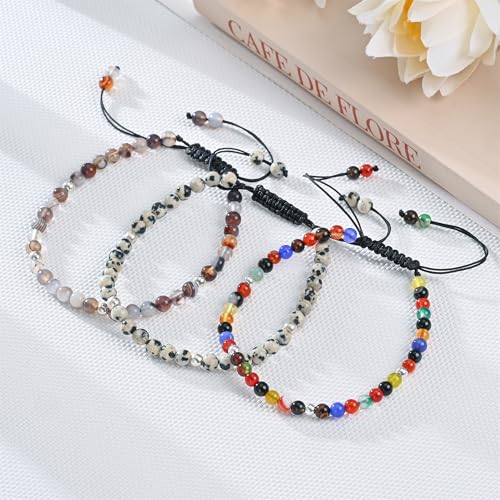 Natural Stone&925 Sterling Silver/18K Gold Anklet,│4MM│9-12 in│, Hand Woven, Adjustable Size - color: Coloured Agate,4MM
