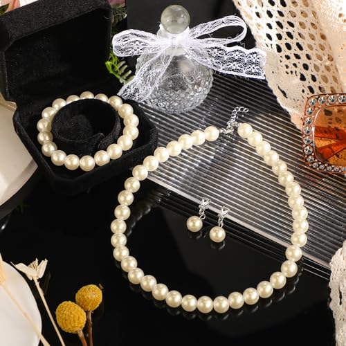 3 Pcs Pearl Jewelry Set Faux Pearl Clip on Earring Necklace Bracelet for Women Bridesmaid Birthday Wedding Gift - color: Beige, size: 12 mm
