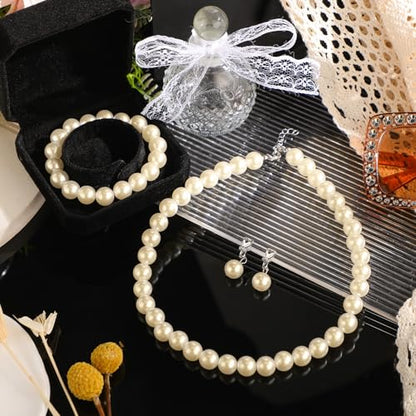 3 Pcs Pearl Jewelry Set Faux Pearl Clip on Earring Necklace Bracelet for Women Bridesmaid Birthday Wedding Gift - color: Beige, size: 12 mm