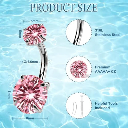JELUTAR 316L Belly Button Rings, 6 PCS 14G Belly Rings Piercing Kit - color: Pink