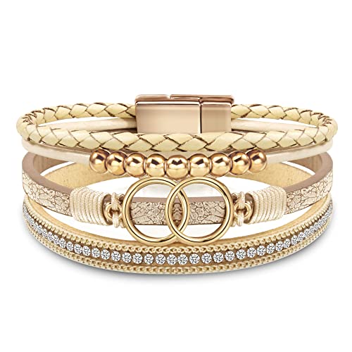 Bracelets for Women, Gifts for Mom Her Christmas Gift 2026 Leather Bracelets for Women Birthday Gift for Daughter Inspirational Wrap Bracelet Sister Friend Teen Girl Gift Layered Stocking Stuffers Jewelry - style: Beige