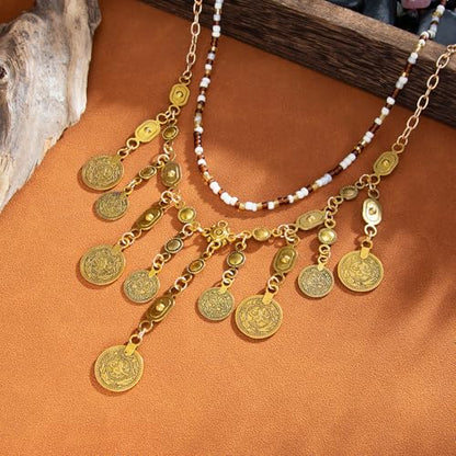 Boho Coin Charm Necklace for Women Layered Pirate Necklace Gold Coin Beaded Pendant Necklace Chunky Coins Tassel Ethnic Gypsy Costume Accessories Jewelry Gifts - style: A.