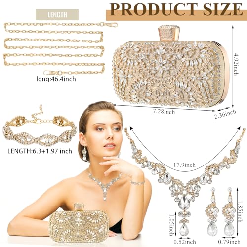 Quelay 4 Pcs Purse Rhinestone Jewelry Set Women | Wedding Bridal Prom Jewelry Sparkly Clutch Handbag with Necklace Bracelet Dangle Earrings Shiny Costume Kit - color: Champagne, style: Luxurious