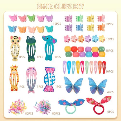 Rosvia Hair Accessories for Girls, 232 Pcs Mini Hair Clips Set with Small Claw Clips Elastic Hair Ties Rubber Bands Butterfly Hair Clips with Organizer Box for Toddler, Kids