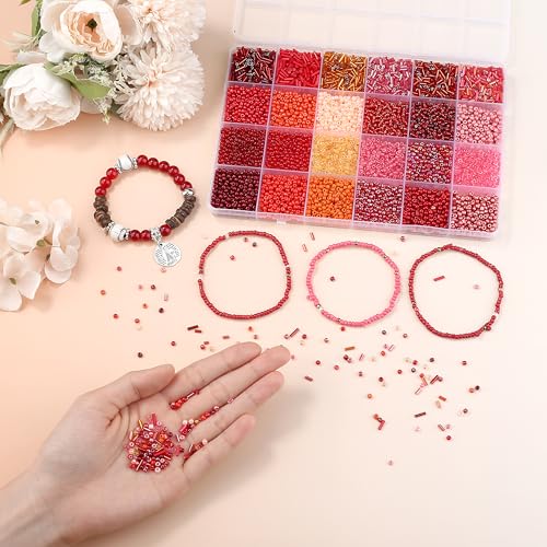LAIDANLA 7500pcs Mix Red Glass Seed Beads Kit for Jewelry Making with 3mm Tiny Bead and 4mm/6mm Bugle Tube Bead 24 Colors Waist Embroidery Beads for Bracelets Necklaces DIY Craft Beading Kit - color: Red