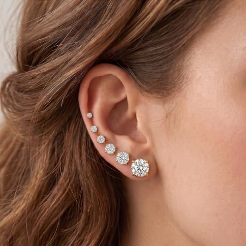 Stud Earrings Set, Round Clear Cubic Zirconia Ear Studs for Women and Men Sensitive Ears Stainless Steel CZ Earrings Hypoallergenic Cubic Zirconia Earrings Set Small Piercing Earring, 6 Pairs - color: Golden-4-claw