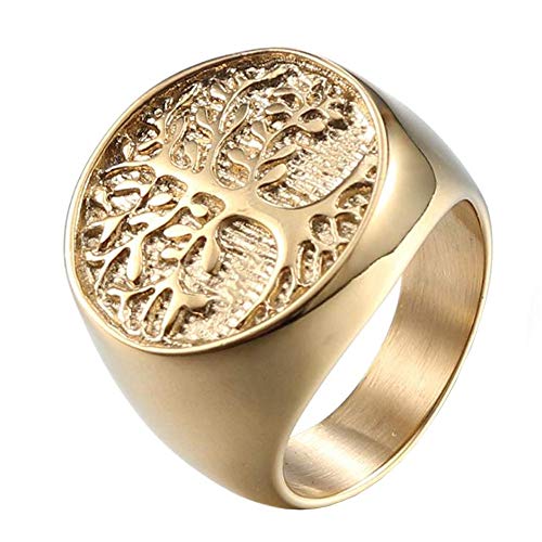 Men's Stainless Steel Vintage Gold Plated Tree of Life Ring Signet Biker Band Round Top - color: Gold