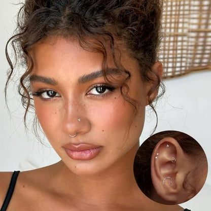 8PCS Titanium Nose Rings Stud, Gold Nose Ring for Women Men Hypoallergenic Nostril Hoops L Shape Nose Studs Corkscrew CZ Nose Piercing Jewelry Silver 18G & 20G Nose Ring Studs 2/2.5/3mm - style: 21Pcs-silver gold black
