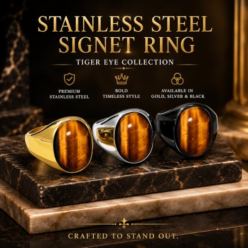 Stainless Steel Tiger Eye Obsidian Ring for Men Women, Oval Stone Signet Ring, Gold Silver Black Tone Stainless Steel Statement Jewelry Gift for Daily Wear - color: Black Tiger Eye Stone