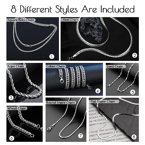 stino 7/8PCs Stainless Steel Chain Necklace Set for Men Women, Silver Tone Necklace Chains Bulk, Figaro Chain, Snake Chain, Cuban Link Chain, Rope Chain. - style: Same-Length 8Pcs