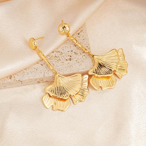 Sylph Large Gold Earrings for Women, Chunky Gold Statement Drop Dangle Earring Maple Leave Ginko Leaf Jewelry Gifts - style: Large Ginko Leaf Earrings