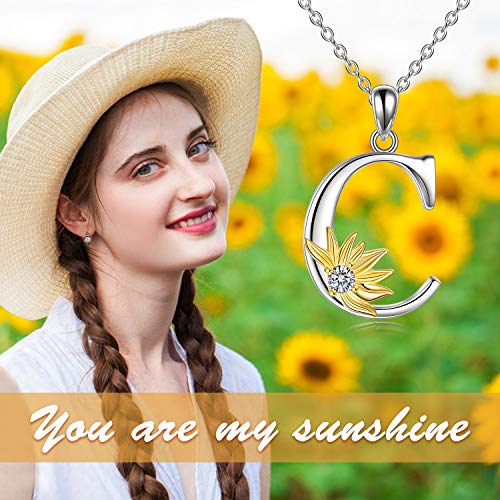 POPLYKE Initial Sunflower Necklace for Women 925 Sterling Sliver Sunflower Pendant Necklace Letter Initial Pendant Chain - style: Sunflower C