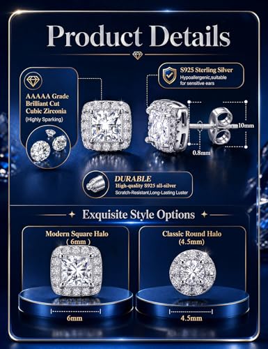 2 Pairs S925 Sterling Silver Stud Earrings for Women Halo Cubic Zirconia | 14K Gold Plated Hypoallergenic Non Tarnish Round Square Silver Stud Earring for Women Men Dainty Trendy Jewelry - style: Silver-Small Stone