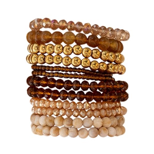 7/12Pcs Set Bohemian Stackable Crystal Seed Beaded Elastic Stretch Bracelet Multilayerd Handmade Brass Bead for Women Jewelry Surfer Heishi Polymer Clay Layering - color: 12brown
