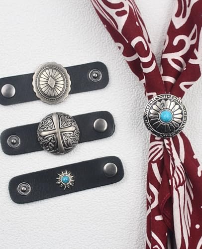 PEARLY JUN 4Pcs Western Bandana Scarf Ring Neckerchief Slide Buckle for Men Women Silk Scarves Cowboy Accessories - color: Silver C