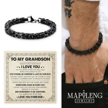Grandson Gifts from Grandma Grandpa, Black Stainless Steel Bracelet with Meaningful Message Card, Birthday Gift for Grandson, Graduation Christmas Gift, Inspirational Keepsake Jewelry for Men - color: Grandson #6