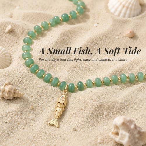 SAMYA Gemstone Beaded Necklace for Women, Natural Stone Ocean Jewelry | Fish or Seashell Pendant Beach Necklace, Gold Spacer Accents, Reinforced Stainless Steel Clasp, Adjustable 16"+2" - color: Green Aventurine