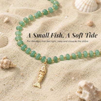 SAMYA Gemstone Beaded Necklace for Women, Natural Stone Ocean Jewelry | Fish or Seashell Pendant Beach Necklace, Gold Spacer Accents, Reinforced Stainless Steel Clasp, Adjustable 16"+2" - color: Green Aventurine
