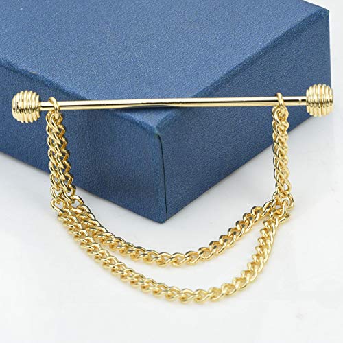 Men's Gold Plated Brass Collar Bar with Double Hanging Chain Tassel Shirt Tie Bar Collar Brooch - color: Gold Threaded Elliptical Ball Head