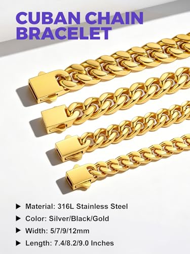 Richsteel Gold/Black/Silver Cuban Link Bracelet for Men,5/7/9/12MM Width | 316L Stainless Steel Chain Wrist Bracelet, Waterproof, No Tarnish, Hypoallergenic Hip Hop Jewelry, with Gift Box - color: 02-Gold Plated 9mm Width