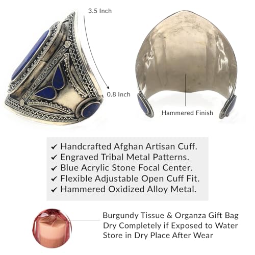 Afghan Baloch Tribal Wide Adjustable Cuff Bracelet for Women, Handmade Oxidized Alloy Wrist Cuff with Engraved Kuchi Inspired Design, Statement Bohemian Festival Jewelry, 0.8 to 3.5 Inch - style: Baloch Blue