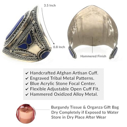 Afghan Baloch Tribal Wide Adjustable Cuff Bracelet for Women, Handmade Oxidized Alloy Wrist Cuff with Engraved Kuchi Inspired Design, Statement Bohemian Festival Jewelry, 0.8 to 3.5 Inch - style: Baloch Blue