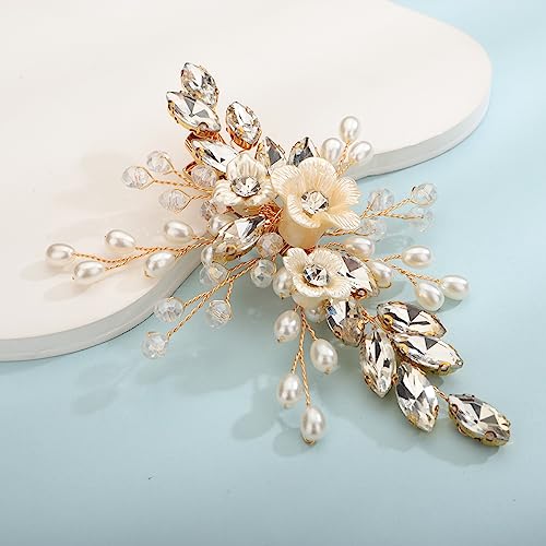 Xerling Gold Rhinestones Crystal Flower Hair Barrettes Clip Boho Bridal Pearl Hair Jewelry Accessories for Women Wedding Floral Headpieces (Gold) - color: Gold