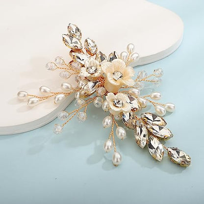 Xerling Gold Rhinestones Crystal Flower Hair Barrettes Clip Boho Bridal Pearl Hair Jewelry Accessories for Women Wedding Floral Headpieces (Gold) - color: Gold
