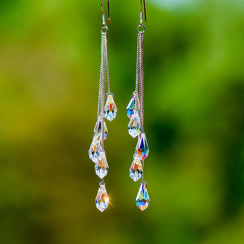 1 Pair Teardrop Brass Glass Tassel Dangle Earrings Sparkly Long Crystal Tassel Statement Dangle Earrings for Women Party Prom Gifts