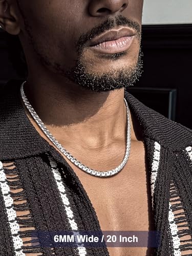 Bandmax Solid Stainless Steel Flat Box Link Chains 2MM/4MM/6MM/8MM Silver/Gold/Black Rolo Cable Chain Necklaces for Men Women 14"-30" Length, Gift Packed - color: 07 6MM-Silver Tone