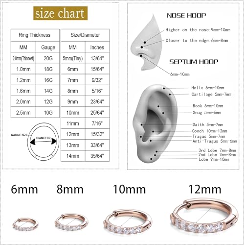 Hypoallergenic Unisex Surgical Steel Small Cubic Zirconia Huggie Hoop Earring, Color Gold - Silver - Rose Gold - Black - Rainbow, Size 6mm- 12mm Safe for Sensitive Ear - style: H01 : 12MM Rose Gold Hoops(2mm thickness)