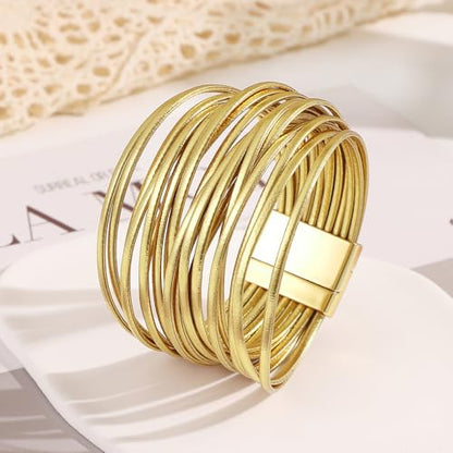 Edoneery Leather Wrap Bracelets for Women, Boho Layered Cuff Bangle | Gold circle, Multi-layer Leather Cuff, Daily wear, Stackable Bangle, Easy on-off, Western Jewelry Gifts for Women - color: Gold-6