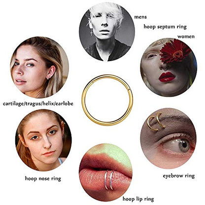 MissNity 316L Surgical Steel Hinged Nose Rings Hoop 20G 18G 16G 14G, Diameter 6mm to 10mm, Color Gold - Rose Gold - Silver - Black - Rainbow - color: A01: gold - 1pc