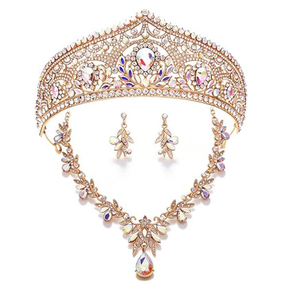Princess Tiara Crown and Jewelry Sets for Women Wedding Rhinestone Crystal Tiaras and Crowns with Necklace Earrings Party Birthday Accessories - color: Gold AB