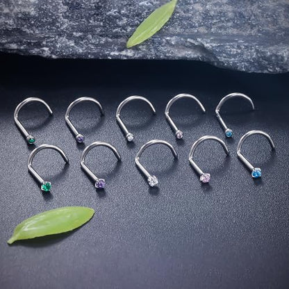 ASTM F136 Titanium Nose Rings 18G 20G 22G Jeweled Mix Color CZ Nose Studs Ring Screw L-Shaped Bone Hypoallergenic Nostril Body Piercing Jewelry for Women 1.5mm 2mm 2.5mm 3mm 10PCS - style: Screw:18G(1.0mm)-1.5mm CZ