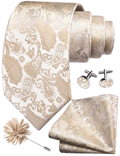 GUSLESON 3.15"（8cm） Mens Paisley Tie and Lapel Pin Necktie Hankerchief Cufflinks Set for Men - color: Champagne