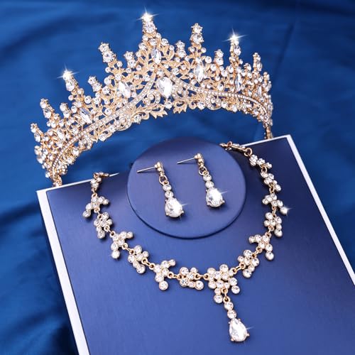 Crystal Crown and Tiara Jewelry Set for Women Bride with Necklace Earrings | Metal Rhinestone Royal Queen Princess Jewelry Set Wedding Quinceanera Pageant Prom Birthday Halloween Party Costume Gift - color: Gold